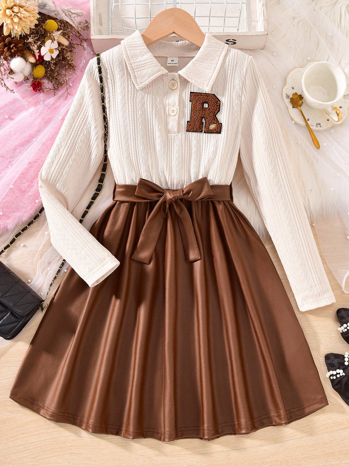 قميص داخلي بياقة منسوجة لون المشمش للبنات مقترن بف...