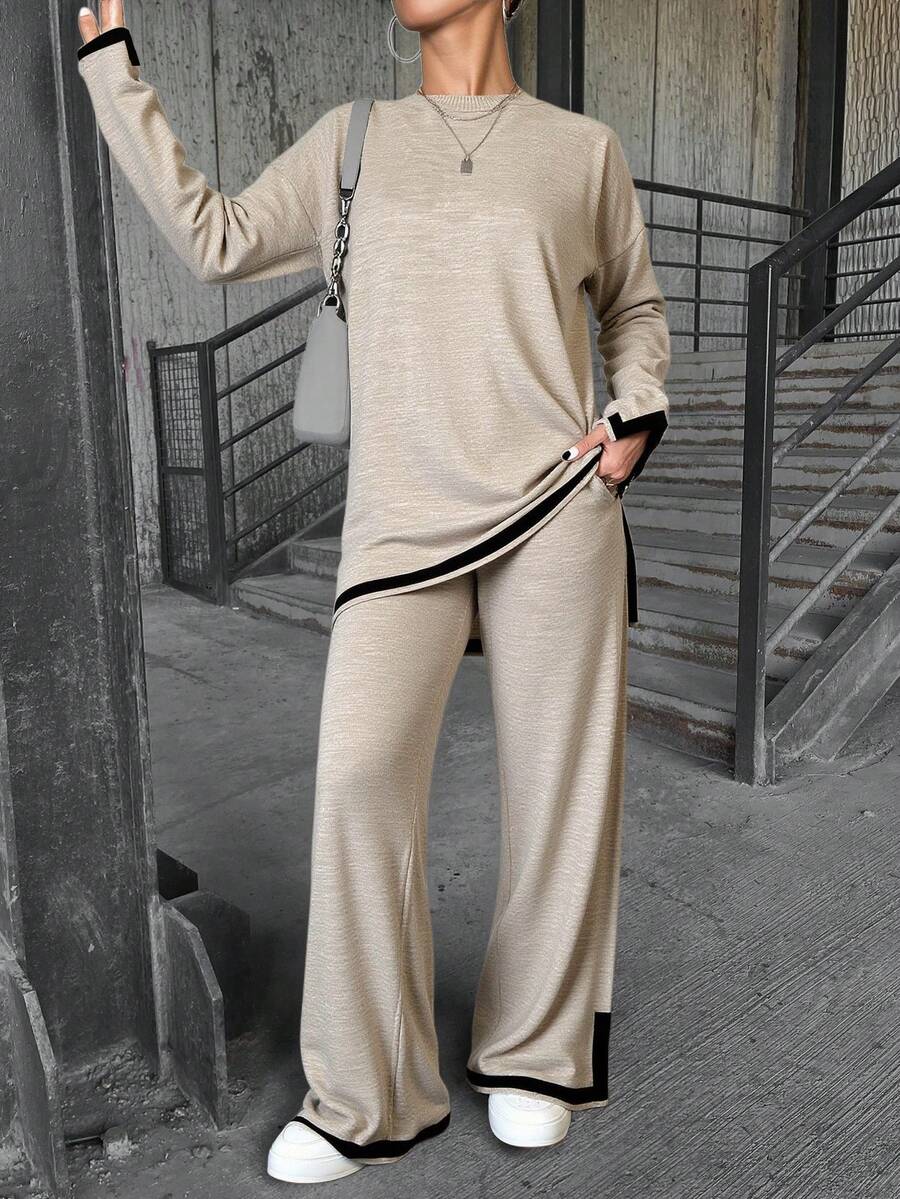 EURMUSE 2 Piece Striped Crew Neck Cozy Sweater Set - Beige - View 1