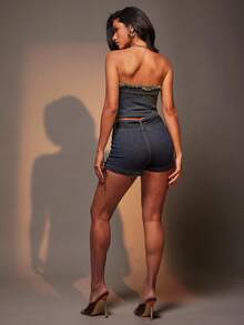 Denimoi Quần short denim siêu nhỏ có thắt lưng thường ngày dành cho nữ - Rửa trung bình - Xem 5
