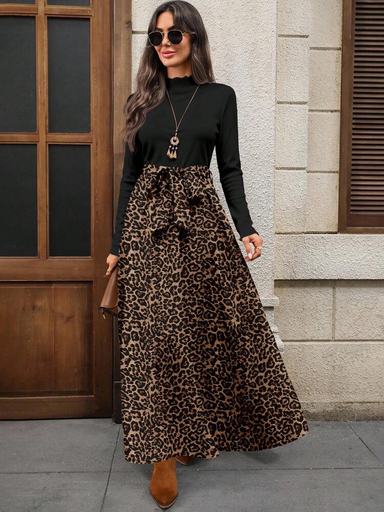 Women's Casual Leopard Print Maxi Dress With Stand Collar Long Sleeves And Flared A-Line Split Hem Knitted Fabric Cheetah Print Skirt