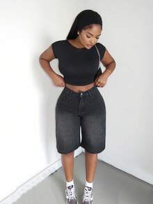 Alexandranx Quần short denim ống rộng Bermuda dáng rộng có túi dành cho nữ, thường ngày - màu đen - Xem 3