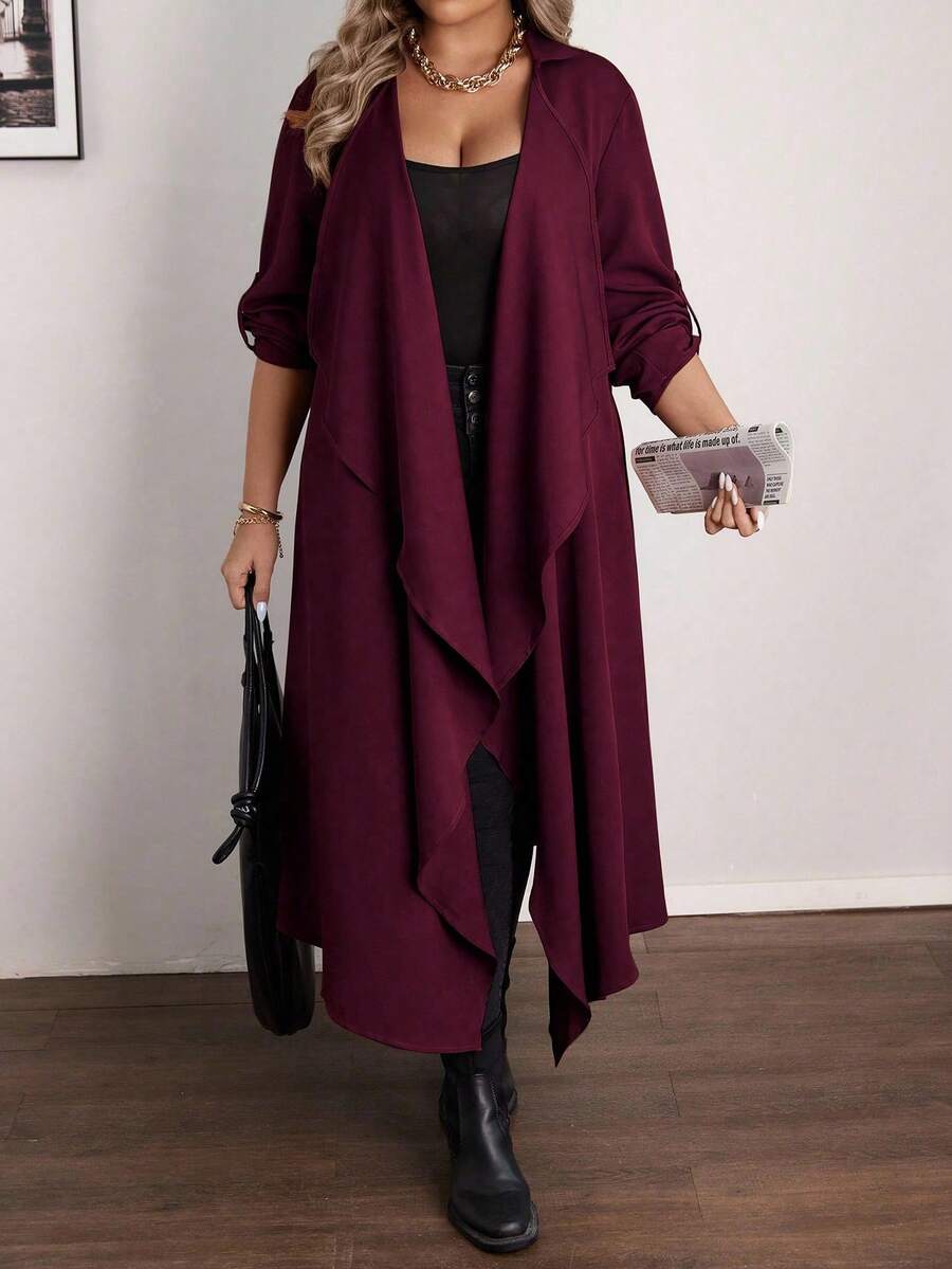 Vionelle Plus Size Casual Waterfall Collar Long Jacket Fall Women Clotheswomen Long Cardiganlong Cardigans Ladies Asymmetrical Hem Long Coat Asymmetrical Jacket Plus Size Burgundy Asymmetrical Long Jacket Women Long Cardigan - Red Violet - View 1