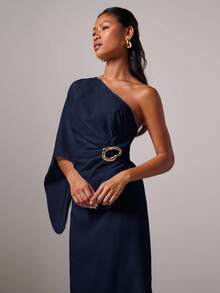 COSMINA 女士优雅金属扣不对称连衣裙 - 藍色 - 查看 6