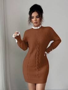 Elenzga Herbst/Winter Langarm Twist Seil Rundhals Spitzenbesatz Apricot Kleid - Braun - Übersicht 5