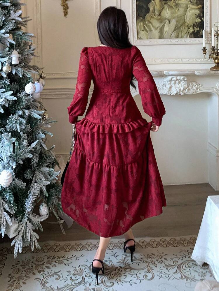 Women's Elegant Lace Patchwork V-Neck Ruffle Hem Mid-Length Dress, Autumn