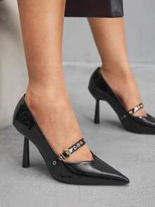 CUCCOO SZL 女士时尚黑色带扣尖头细高跟鞋，适合通勤、约会、派对、婚礼、度假 - 黑色 - 查看 7