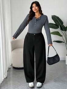 Dazy Plus Plus Size Women Black Solid Washed Slim Straight Leg Long Jeans, Autumn