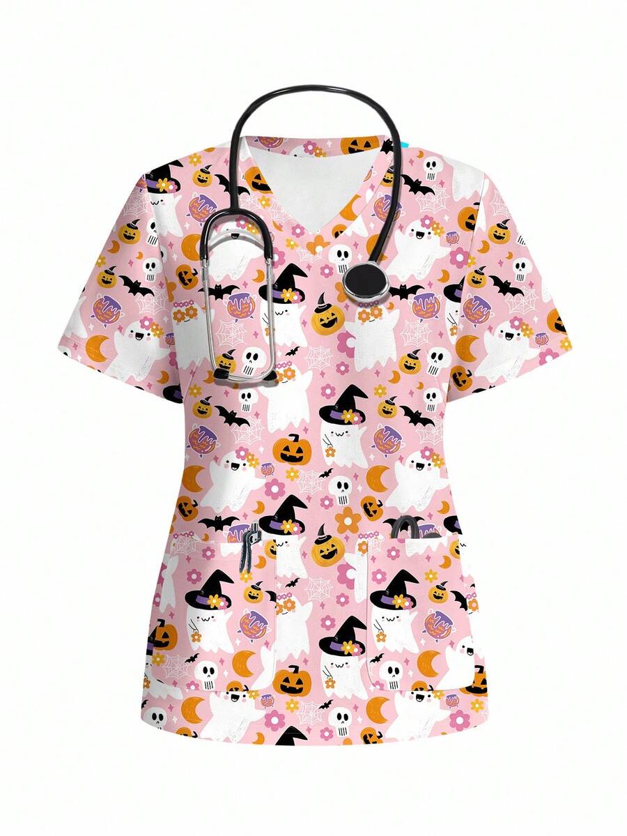 TaskEZ Casual Halloween Cartoon Print Scrub Uniform Top - Multicolor - View 1
