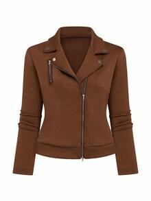 EMERY ROSE Women's Textured Fabric Lapel Zip-Up Casual Motorcycle Jacket - Brown - View 8