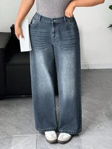 Dazy Plus Quần jean ống đứng dáng rộng thêu bướm rách cỡ lớn dành cho nữ, mọi mùa - Rửa tối - Xem 8