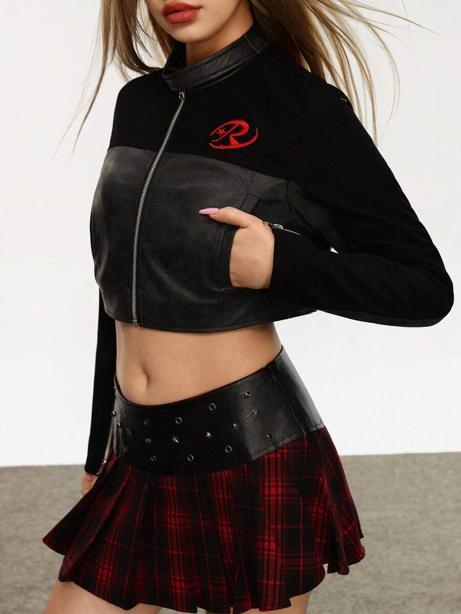 Rina Fox 2025 جاكيت نسائية موضة الرقعة المطرزة، طراز الشارع الجامعي - الأسود - مشاهدة 1