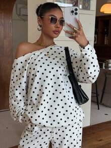 SHEIN EZwear 女士波点斜肩宽松卫衣和运动裤套装，秋冬 - 黑與白 - 查看 3