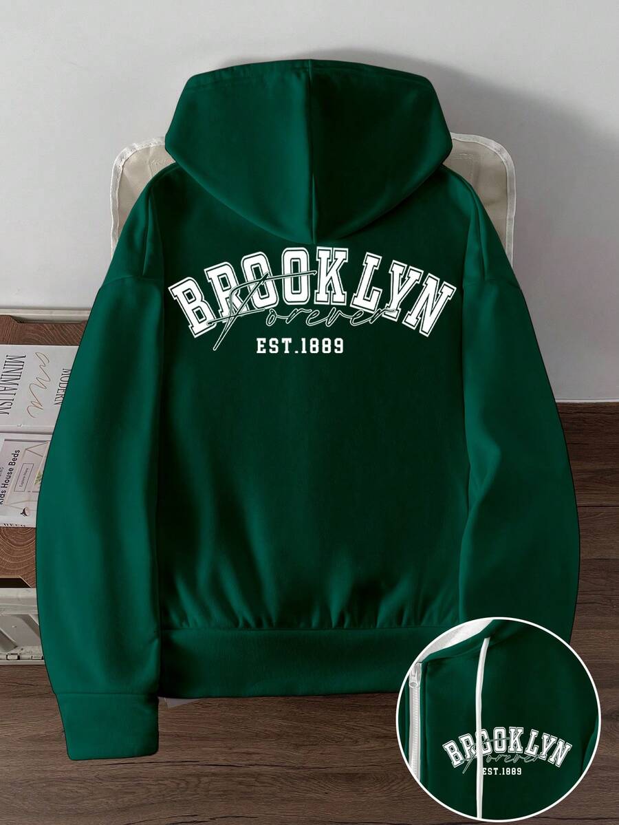 Manfinity Joysei 男士秋季字母印花拉链抽绳连帽运动衫 - 綠色 - 查看 1