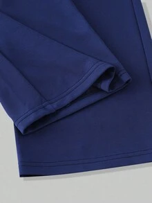 3pcs/Set Older Tween Girl Solid Color Embroidered Loose Fit Crew Neck Top + Plaid Striped Shawl + Matching Casual Sports Pants - Royal Blue - View 3