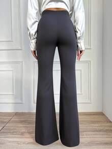 EURMUSE Pantalones De Cintura Alta De Color Sólido Para Mujeres - Gris Oscuro - Ver 2