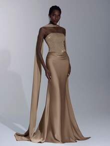 Elitara Elegant Luxurious Rhinestone & Sequin Decor Halter Mermaid Tail Dress With Train, Suitable For Weddings, Events, Parties, Graduations, Formal Occasions (Heavy Embellishment) - Camel - View 4