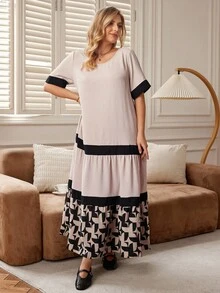 Rosumi Plus Size Women's Ripe Elegant Round Neck Color Block Border Casual Daily Wear Long Mother's Day Dress - Multicolor - View 4