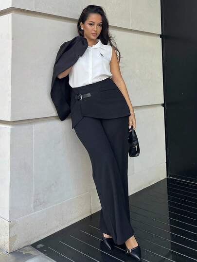 NegzBox Pantalones 2 en 1 para mujer, con decoración de hebilla, pantalones rectos de pierna negra, de regreso a la escuela, pantalones de vestir negros, pantalones de otoño