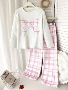 SHEIN 2 件套少女粉色宽松简约格子蝴蝶结装饰圆领落肩和裤子舒适宽松睡衣套装，阻燃，适合秋冬，睡衣套装，适合少女 - 粉色 - 查看 4