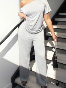 Alexandranx 女士夏季简约街头服饰基本款日常穿着外出运动舒适露肩T恤和阔腿运动裤两件套服装 - 灰色 - 查看 4
