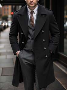 Manfinity Mode Men's Solid Color Pocket & Button Front Long Sleeve Black Overcoat, Autumn Fall Winter - Black - View 1