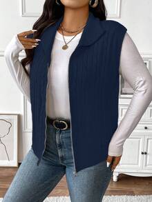 EMERY ROSE Plus Size Women Solid Color Knitted Mock Neck Cable Knit Collegiate Style Zip Front Vest, Autumn/Winter - Navy Blue - View 2