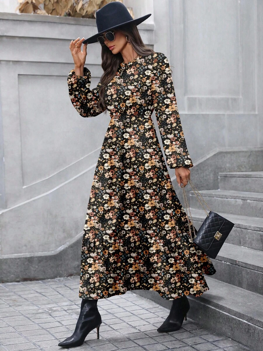 SHEIN LUNE V 领荷叶边喇叭袖层叠下摆 A 字形复古碎花休闲通勤优雅长裙，适合女士，秋冬 - 彩色 - 查看 1