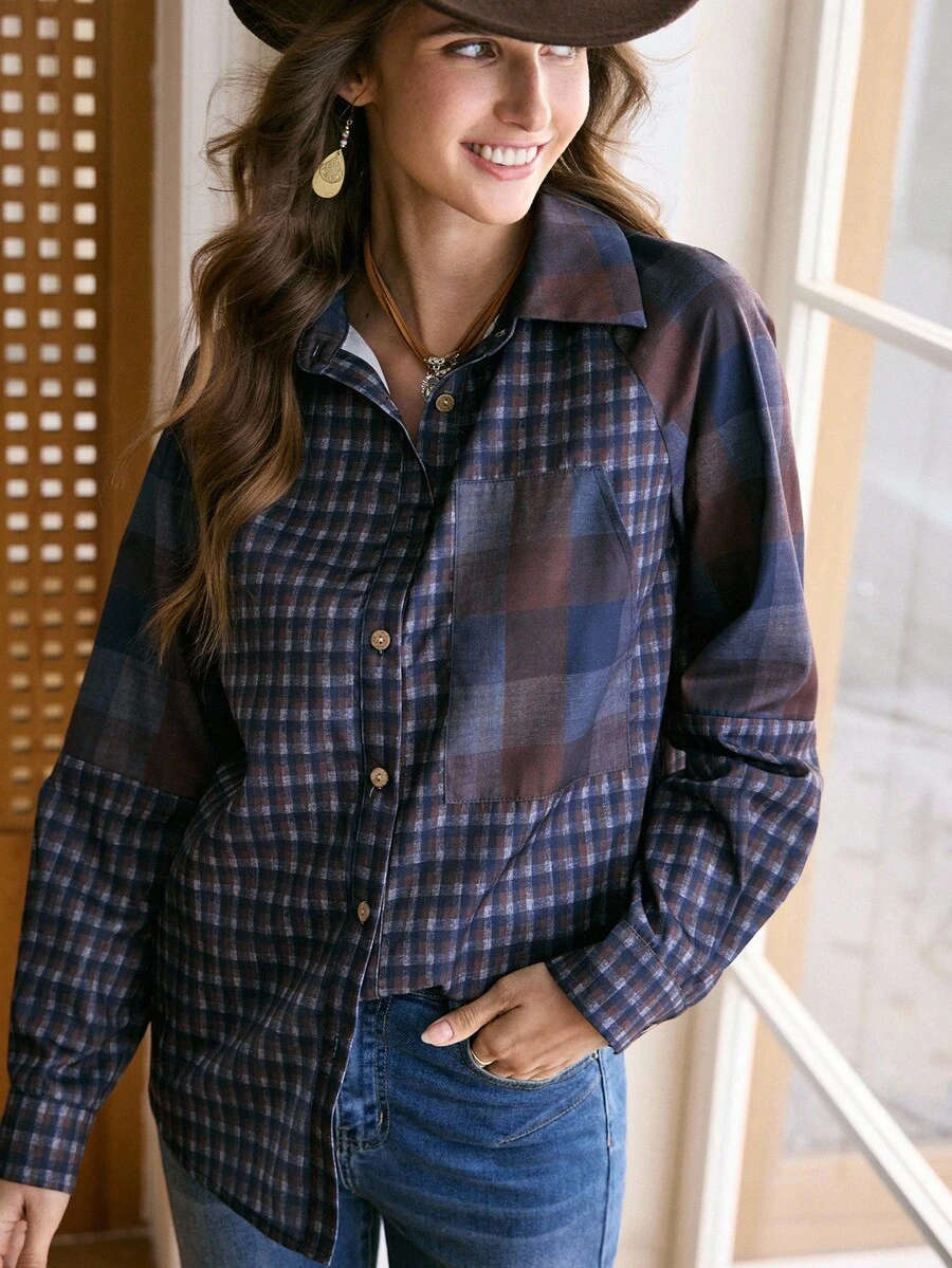 Women's Multi-Color Plaid Patchwork Brown Button Loose Western Casual Shirt, LanaWest - Multicolor - View 1