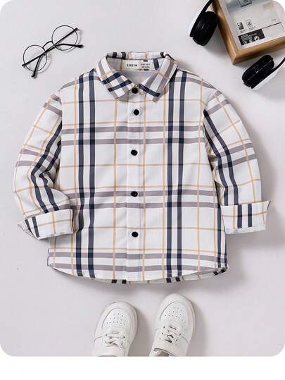 Vintage Plaid Pattern Lapel Long Sleeve Cardigan Shirt, Casual & Versatile For Home, Outings, School - Suitable For Baby Boys And Baby Girls