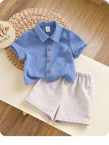 2 件套男婴/女婴休闲纯色短袖衬衫和松紧腰短裤套装，适合夏季居家、外出、旅行和度假