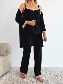 RueChic 100%Cotton Comfortable Lace Patchwork Hollow Out Pajama Set - Black - View 3