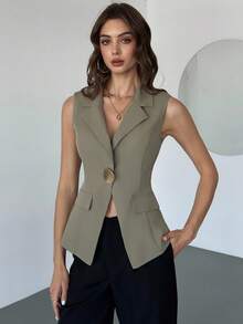 Firerie Women's Minimalist Elegant Daily Casual Urban Commute Office Wear Gray-Green Sleeveless Lapel Metal Button Fitted Blazer, Women's Blazer, Autumn/Winter Wear, Formal Occasion Wear - Green - View 5