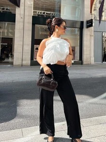 NegzBox Áo crop top bèo nhún nhiều lớp màu trắng, Áo dễ thương, Áo ống nữ, Kiểu dáng thanh lịch, Áo hở lưng, Áo năm mới, Áo dự tiệc nữ, Áo trễ vai, Áo cánh tối giản dây rộng cài nút phía trước thường ngày cho nữ, Trang phục cổ điển, Quần áo nữ, Phong cách ngày lễ tình nhân - trắng - Xem 5