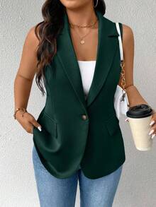 EMERY ROSE 大码女式薄款休闲简约无袖西装外套 - 墨綠色 - 查看 4