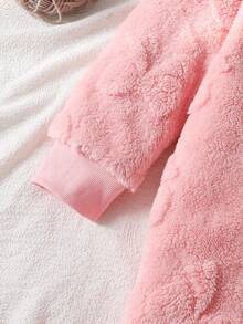 Girls' Plush Bow Jacquard Pattern Long Sleeve Hooded Jumpsuit Loungewear - Pink - View 4