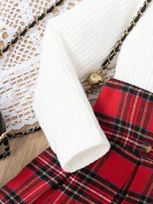 2pcs/Set Girls Toddler European & American Style Bow Decor Polo Collar Long Sleeve T-Shirt + Plaid Skirt, Spring/Autumn