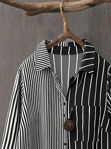 SHEIN Tall Tall Series Women Patchwork Striped Asymmetrical Hem Long Sleeve Shirt - Black and White - View 4