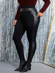 Cravure Plus Size Women Casual Fashion Street Chic High Waist Mixed Media Zipper Decor Skinny Pants - Black - View 1