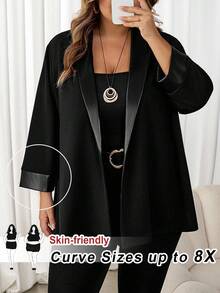SHEIN CURVE+ 大码女式休闲个性化拼布皮夹克，春秋季 - 黑色 - 查看 8