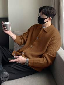 DAZY 男士纯色驼色休闲开衫，秋季商务着装 - 駝色 - 查看 3