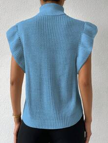 RosyDaze Women's Autumn/Winter High Collar Cable Pattern Ruffle Sleeve Knitted Vest - Blue - View 2