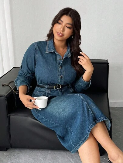 Dazy Plus Plus Size Women Casual Dark Washed Denim Lapel Half-Placket Long Sleeve Dress, Spring/Autumn