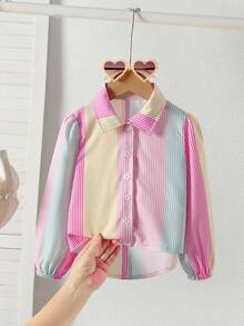 Elladie kids Toddler Girls' Casual Pink, Blue & Yellow Striped Shirt With 3D Bowknot, Long Sleeve Button Up, Suitable For Sweet Girls To Pair With Jeans In Autumn - Multicolor - View 6