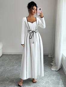 Elenzga Robe femme - Élégante robe maxi à col en V avec cœur en blocs de couleurs noir et blanc, manches longues et taille nouée, convient pour les déplacements quotidiens - Noir et Blanc - Voir 4
