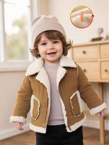 SHEIN 1pc Toddler Boys' Fashionable & Versatile Camel Faux Fur Collar Zipper Design Long Sleeve Jacket, Suitable For Outings And Photo Shoots Baby Sherpa Jacket Baby Winter Jacket Fall
