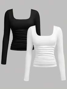 Girlism 2pcs/Set Teen Girls' Black & White Knit Turtleneck Ruched Waist Long Sleeve Casual Versatile Minimalist T-Shirts, Autumn/Winter Girls Tight Tops Tight Tops For Teens Tight Fitted Tops Long Sleeve Tops Black And White Long Sleeve Tops - Black and White - View 1