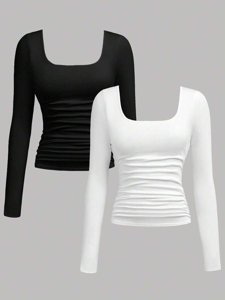 Girlism 2pcs/Set Teen Girls' Black & White Knit Turtleneck Ruched Waist Long Sleeve Casual Versatile Minimalist T-Shirts, Autumn/Winter Girls Tight Tops Tight Tops For Teens Tight Fitted Tops Long Sleeve Tops Black And White Long Sleeve Tops - Black and White - View 1
