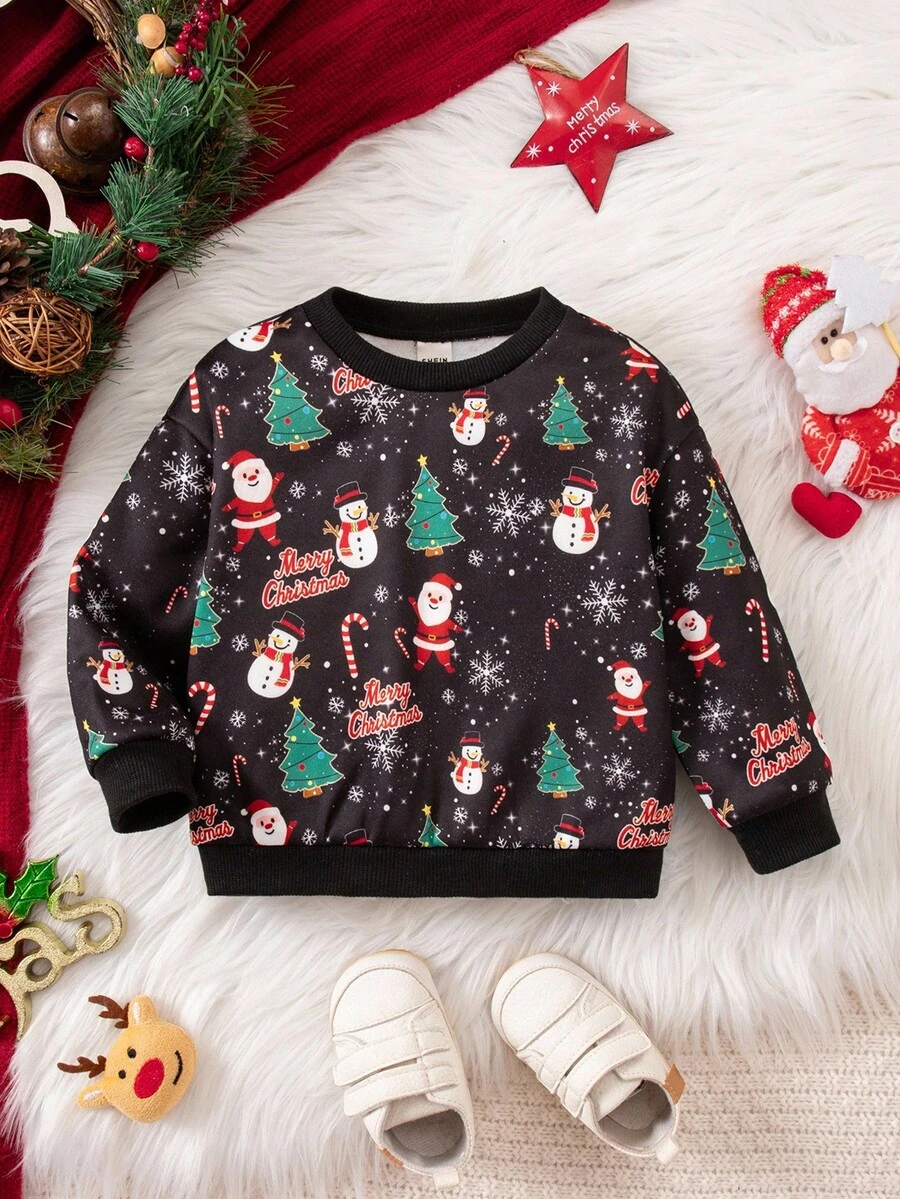SHEIN Babygirl Casual Cute Christmas Cartoon Pattern Long Sleeve Sweatshirt - White - View 1
