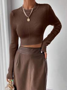 EMERY ROSE Comfortable Solid Color Fitted Cropped Sweater, Suitable For Commuting - Coffee Brown - View 4