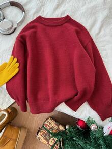 DAZY Tween Boy Solid Color Round Neck Drop Shoulder Long Sleeve Casual Loose Sweater, Autumn/Winter Christmas